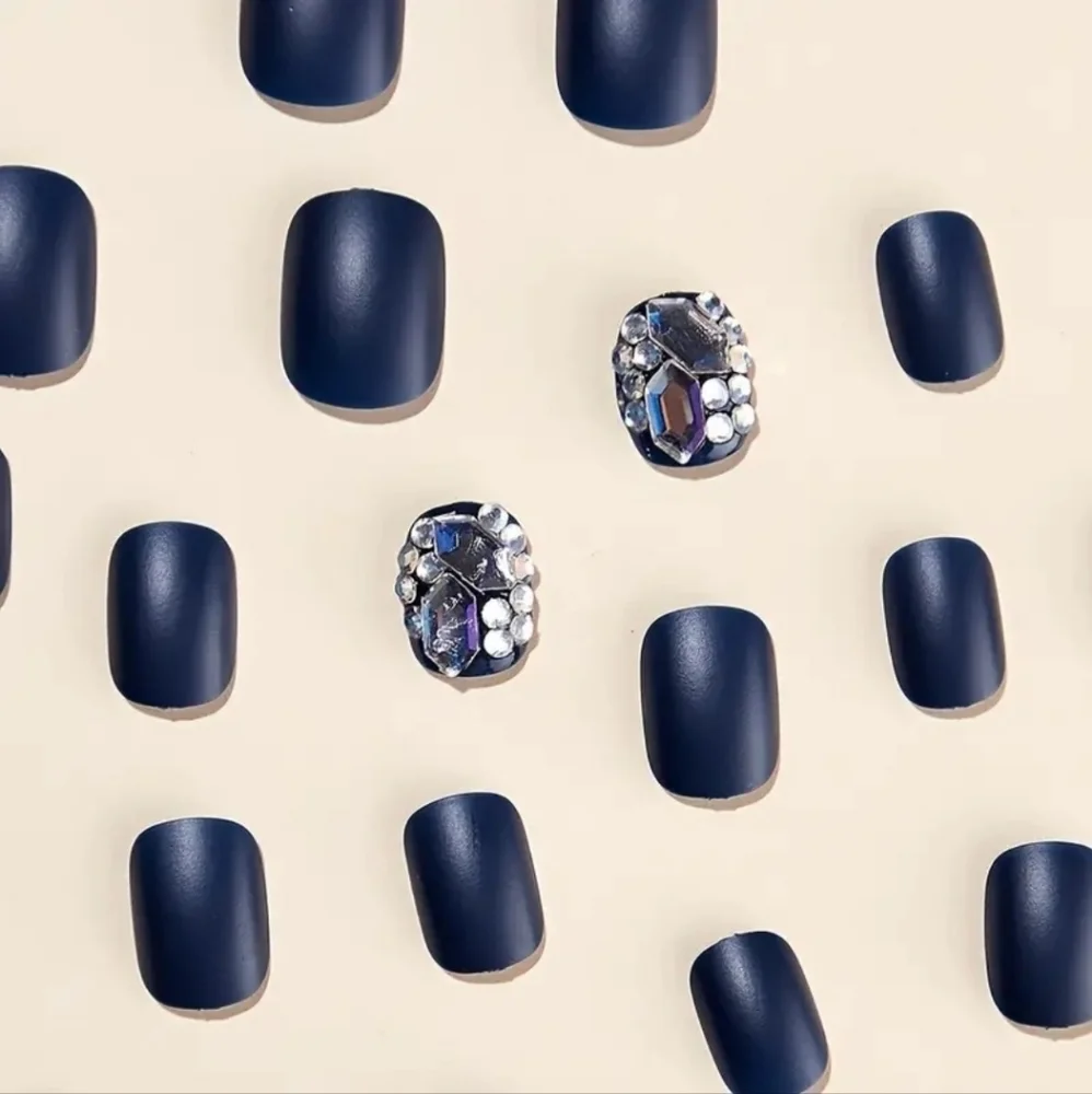 3D Rhinestone Sapphire Blue Matte Press on Nails - Picture 4 of 10